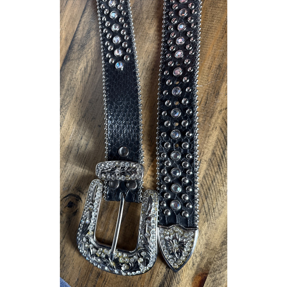 Fancy Bejeweled Cowgirl Belt Leather Black Silver Size M/L Bling Accessory EUC - Picture 6 of 8
